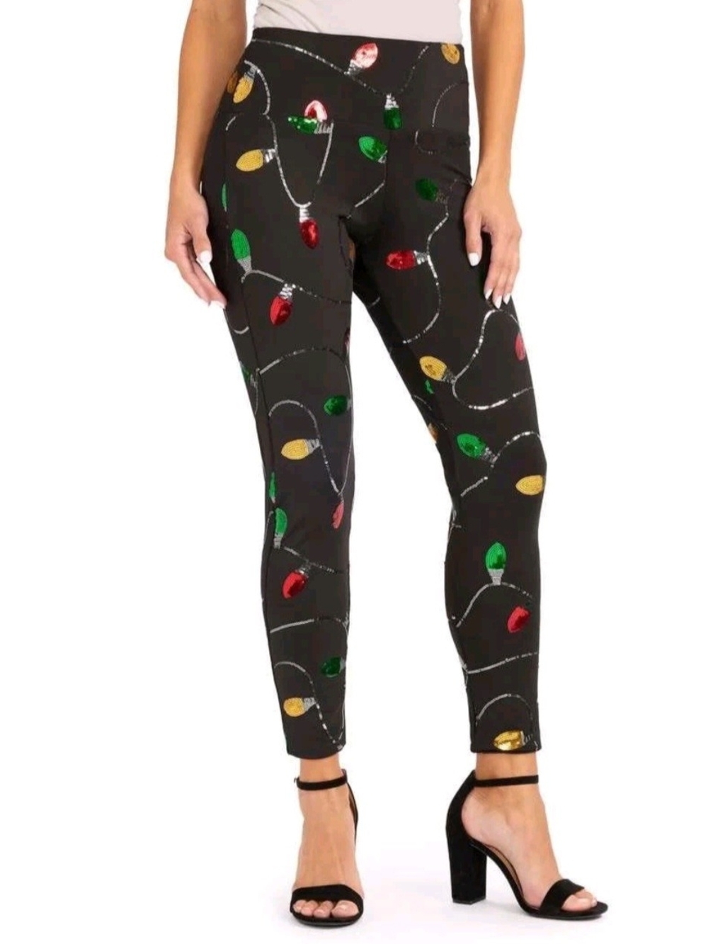 Tipsy Elves Christmas Holiday Sequins Lights High Waisted Black Leggings Size M